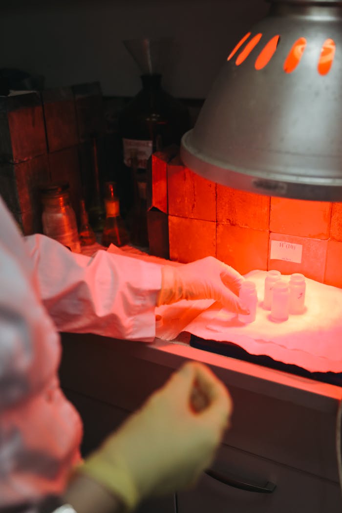 A scientist in a laboratory examines samples under infrared light, focusing on research and technology.